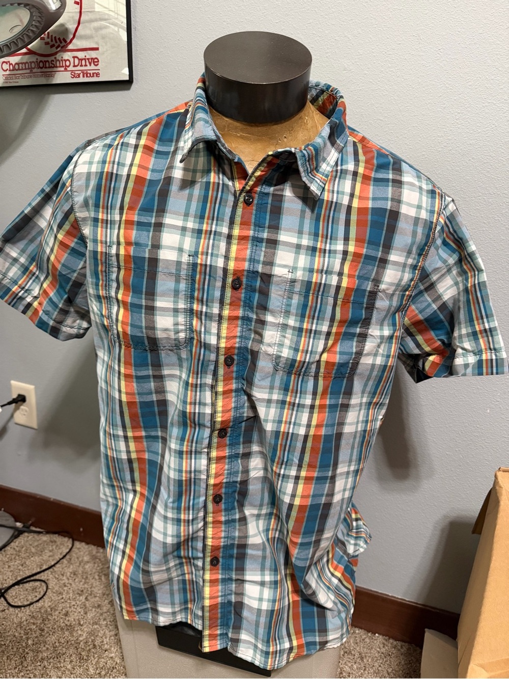 North Face Short-Sleeve Plaid Button-Up Shirt - Teal, Orange, White